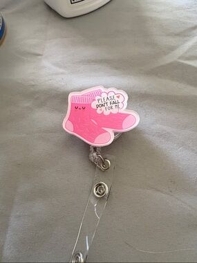 Pink Cute Sock Badge Reel - "Please Don't Fall For Me"